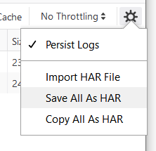 Screenshot showing the Firefox developer tools toolbar buttons, highlighting the location of the "Save All As HAR" menu option.
