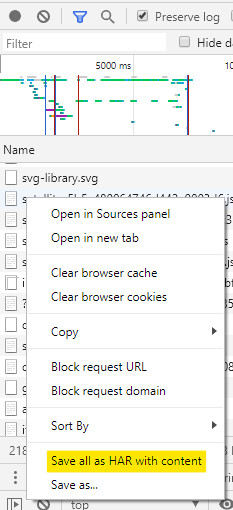 Screenshot showing the menu that is presented by the Chrome developer tools when a network activity is "right clicked". This highlights the menu option "Save all as HAR with content".